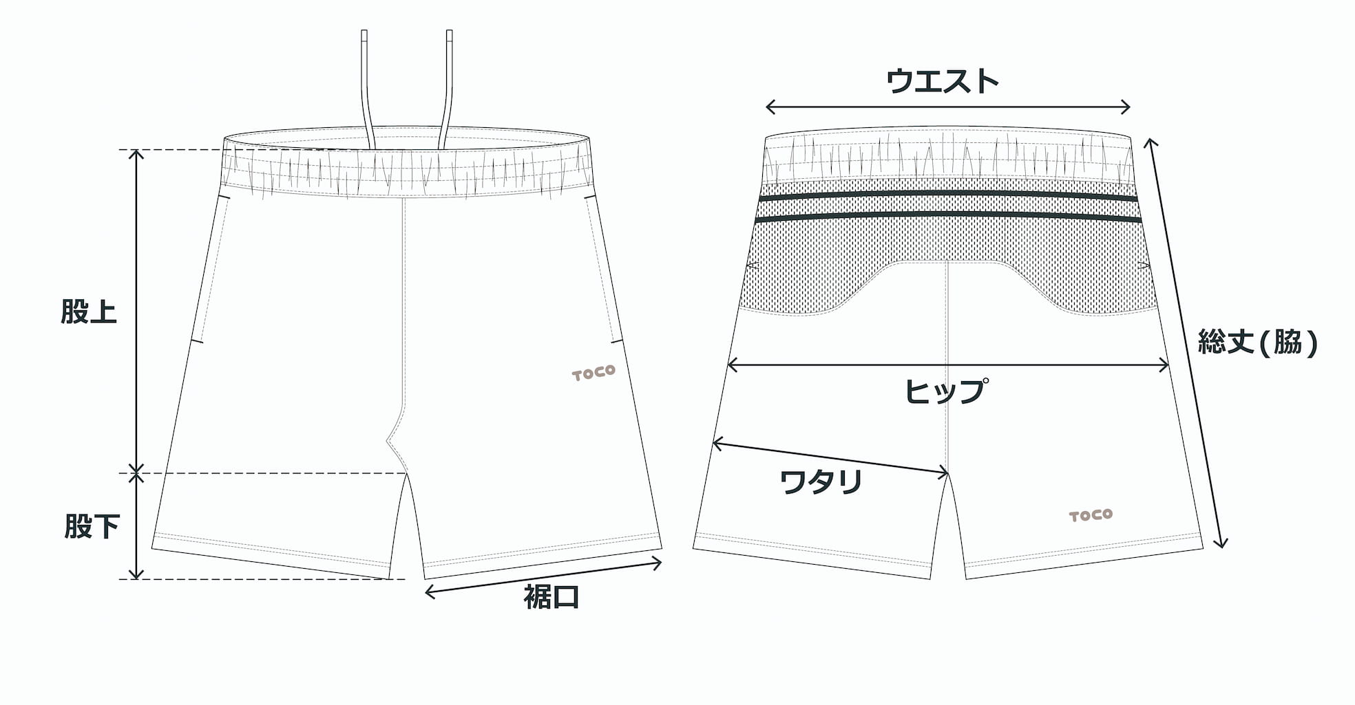 TPT009（PICKLE-BALLER Mesh pocket shorts）の総丈・股上・股下・ヒップ・ワタリ・裾口の測定位置